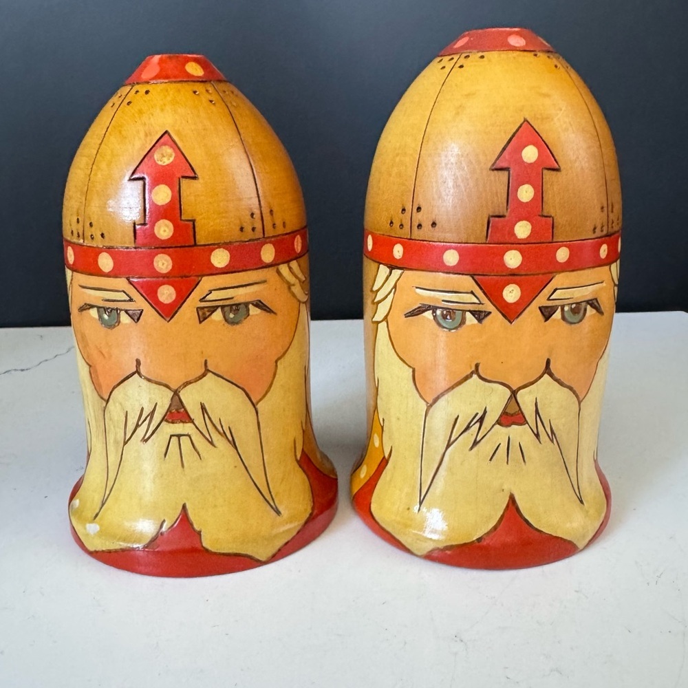 Pair of hand-painted hand turned wooden Russian warrior boxes Matryoshka doll